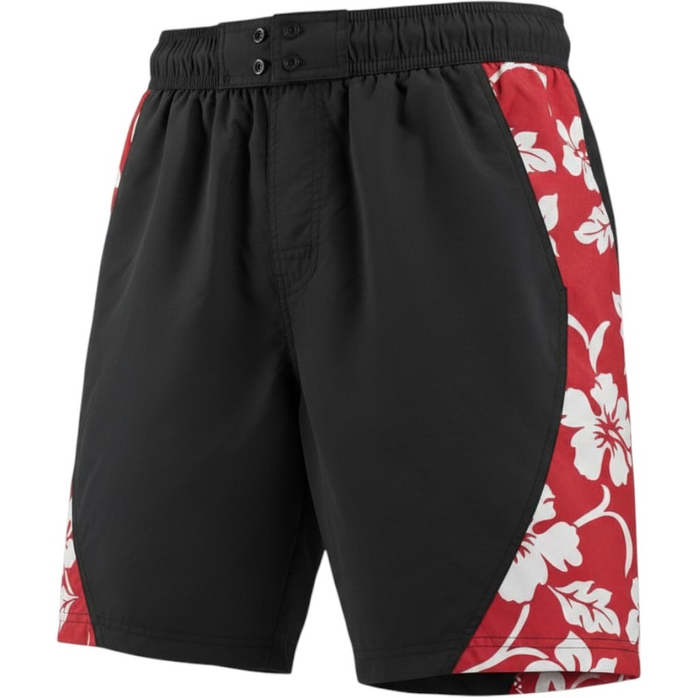 St Johns Bay Mens Swim Trunks Black Red Floral Hibiscus Mesh Lined Medium